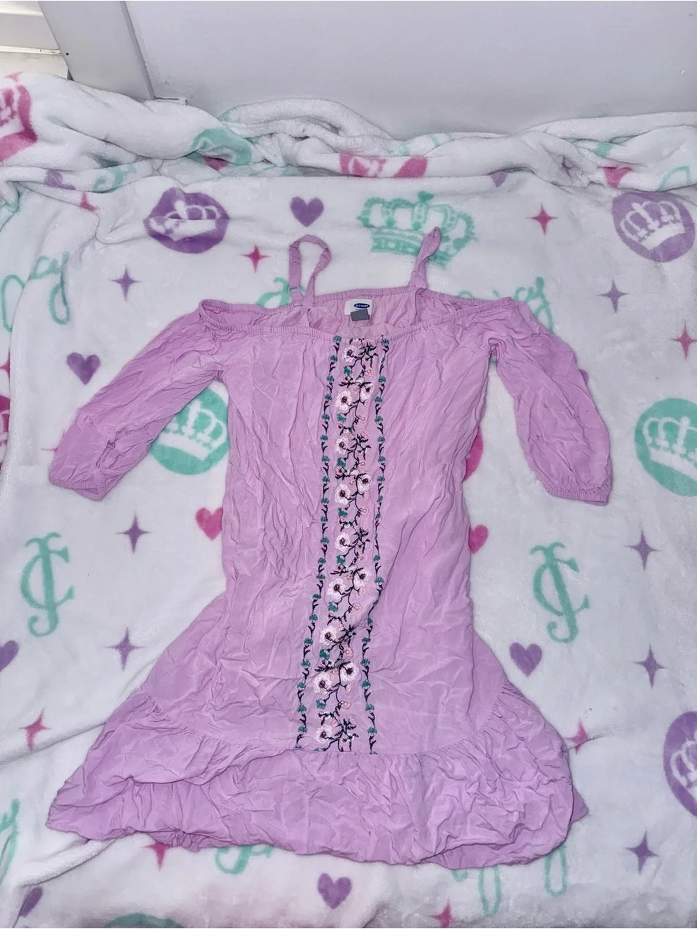 Old Navy Girls Lavender Floral Embroidered Cold Shoulder Dress - Size Large